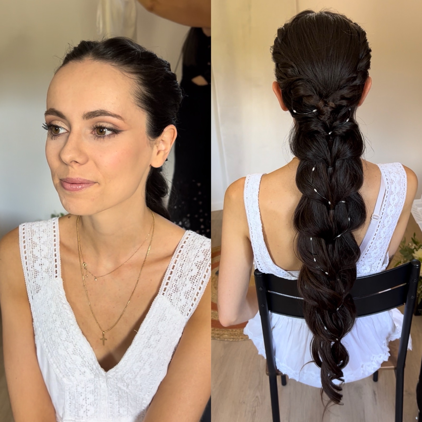 Une mariée de face avec un maquillage frais, puis de dos avec une longue tresse ornée de fils fins